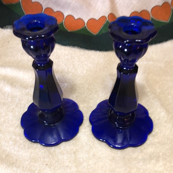 Pair of Vintage Handmade 8.25” Cobalt Blue Glass Candlestick/Candle Holders - Picture 2 of 5